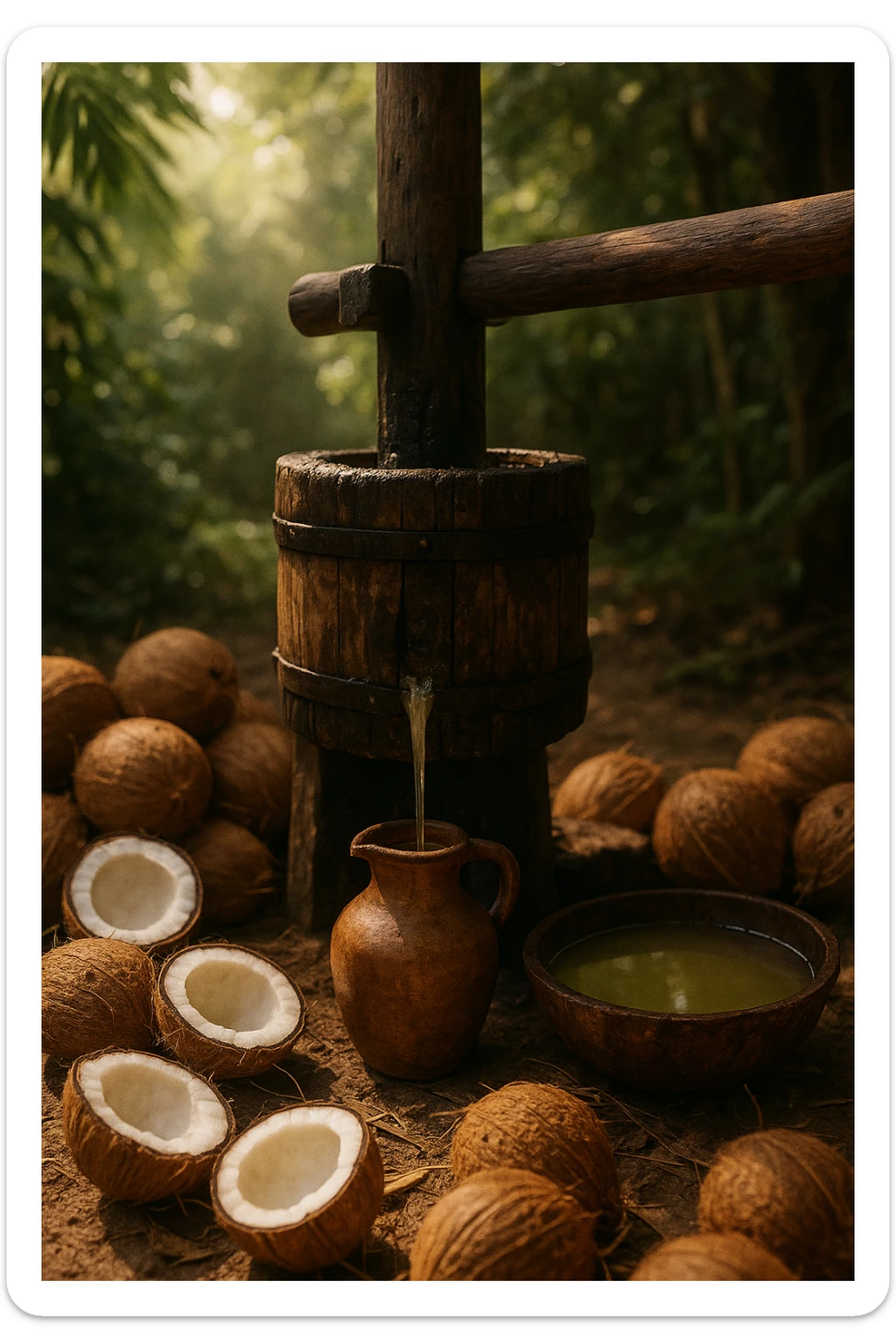 realistic and cinematic vertical illustration of coconut oil pressing for organic production, showing coconuts, pressing and oil collection, natural atmosphere, no text, 2:3 aspect ratio. sticker