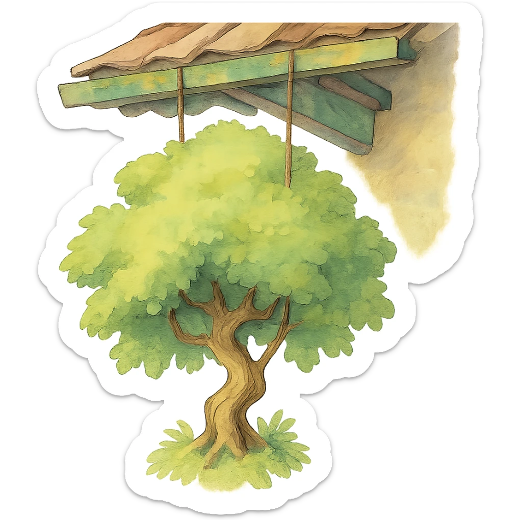 ghibli style illustration of a tree hanging from a roof, soft colors, whimsical sticker