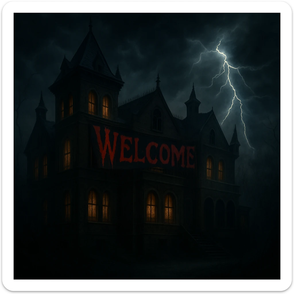 Add the word 'Welcome' in creepy, horror-themed text, integrated into the old mansion banner. The text should blend with the aged, haunted mansion look, evoking a spooky feeling. sticker