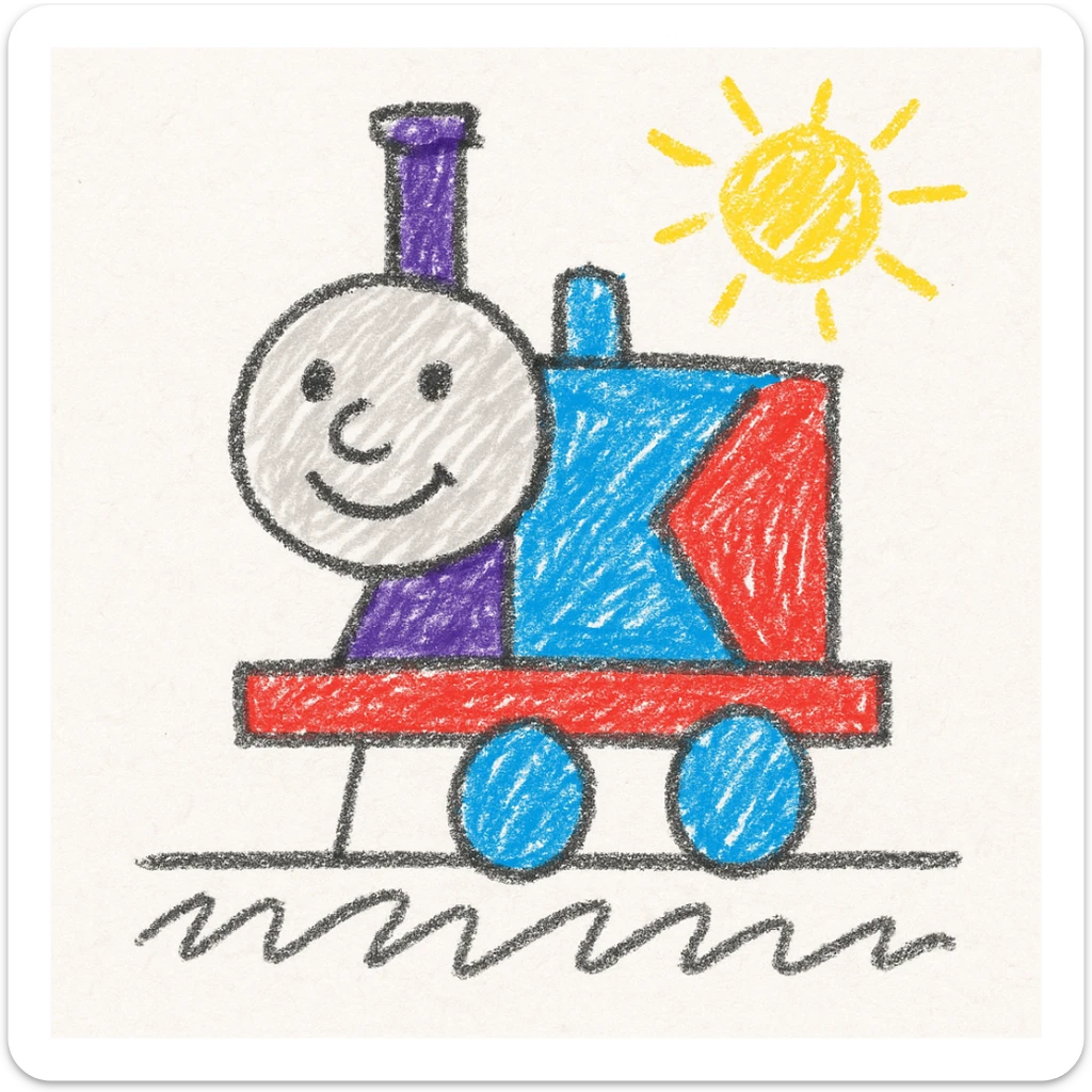 Thomas the Tank Engine, vintage storybook style, hand-drawn, soft lines, gentle colors sticker