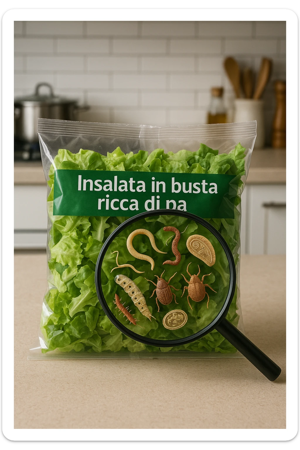 Insalata in busta ricca di pa transparent plastic bag of pre-washed salad sits on a kitchen counter. Through the bag, small, detailed images of various parasites (such as worms, larvae, or microscopic bugs) are visible among the lettuce leaves. A magnifying glass hovers over the bag, enlarging the parasites for emphasis. The mood is cautionary and educational.arassiti sticker