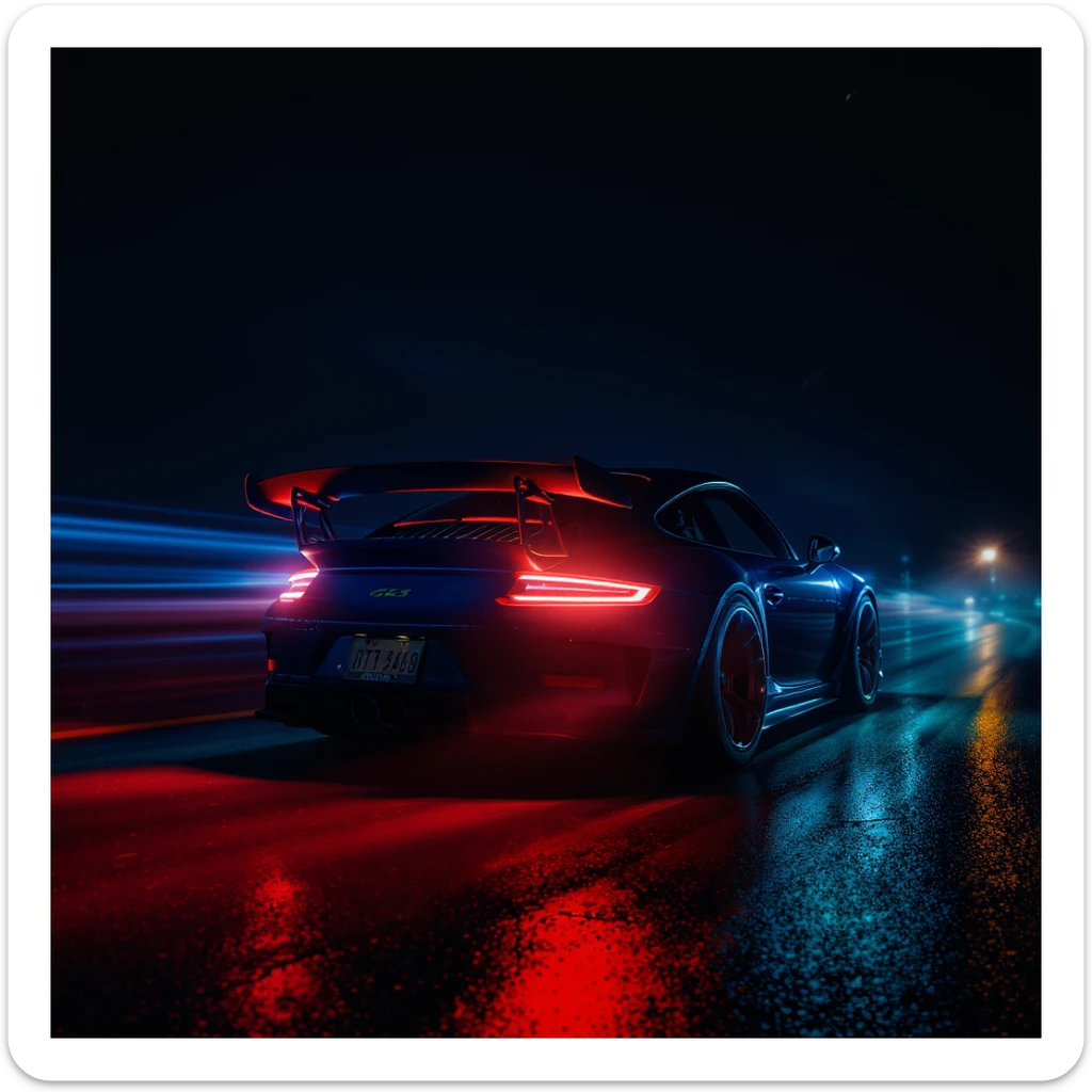 Shot and Directed by Quentin Tarantino, Cinematic still of a porsche 911, gt3 rs, night photo, red lights and blue bright night  sticker