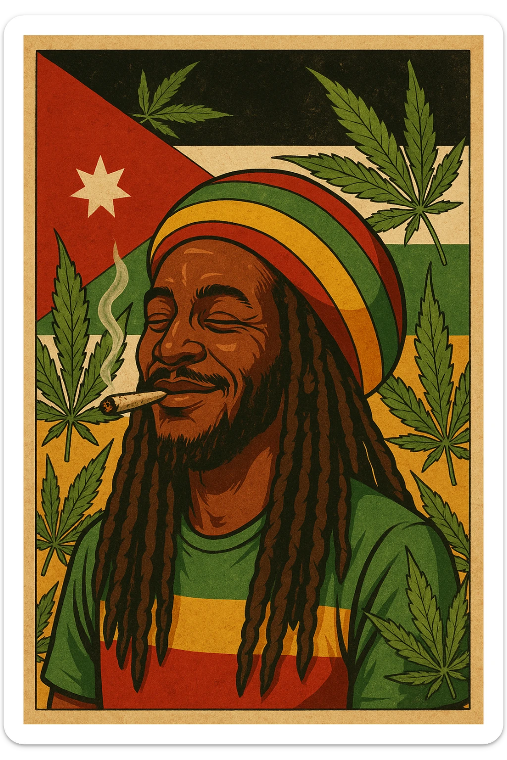 A digital vintage-style poster illustration of a Jordanian Rasta man with dreadlocks, wearing a red, yellow, green striped tam hat. He is smiling peacefully with a lit herbal spliff in his mouth. The background features the official Jordan flag — black, white, green horizontal stripes with a red triangle and a white 7-point star — accurately displayed behind him. Cannabis leaves are tastefully arranged around the composition, and the poster includes Rasta color textures blended with the Jordanian palette. Use a retro poster style with warm, slightly aged textures, bold outlines, and soft shading to evoke a soulful reggae vibe that honors both Jordanian pride and Rasta spirit. The mood is chill, powerful, and respectful sticker