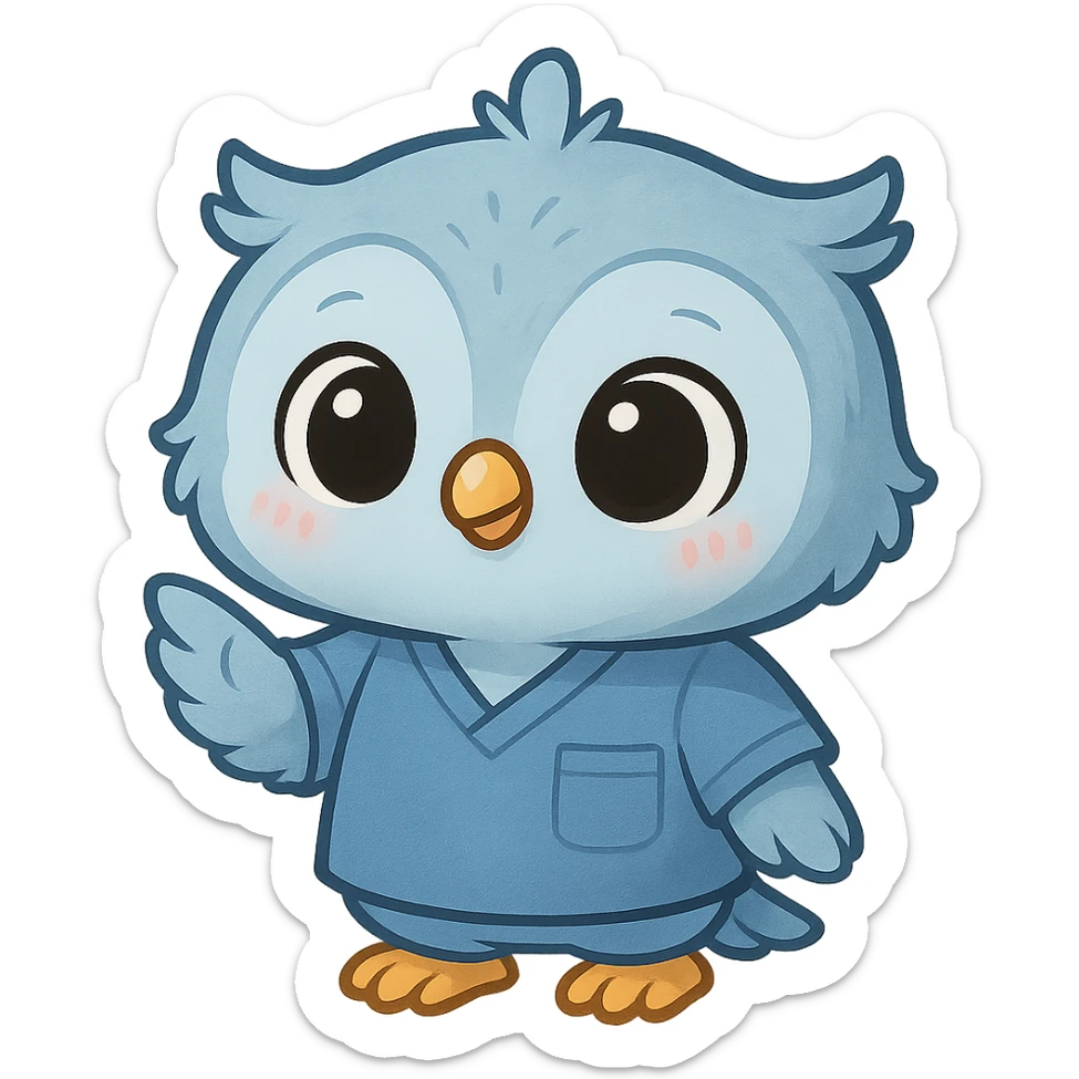 Change the baby owl's uniform to a blue psychology scrub, keeping the adorable and cute style, with a transparent background. sticker