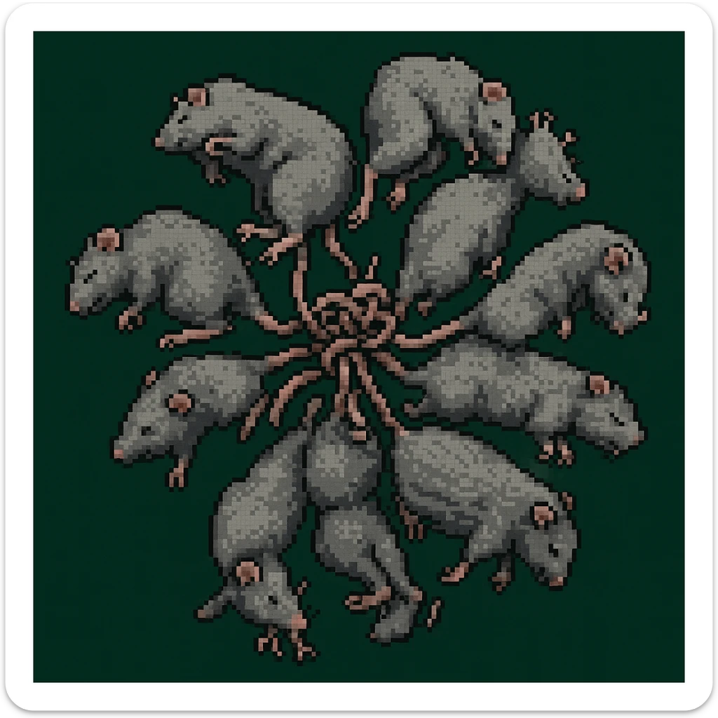 Edit the pixel art rat king to have gray rats with pink tails, keeping the tangled arrangement and pixel art style. sticker