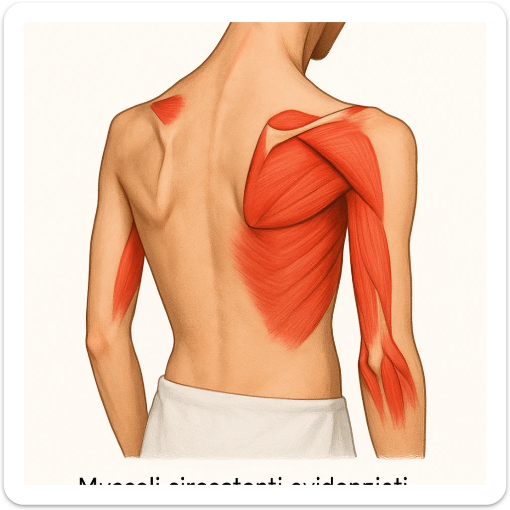 Scapole alate, muscoli circostanti evidenziati per mostrare la causa della patologia, didascalia in italiano, ispirata alla foto di riferimento. sticker