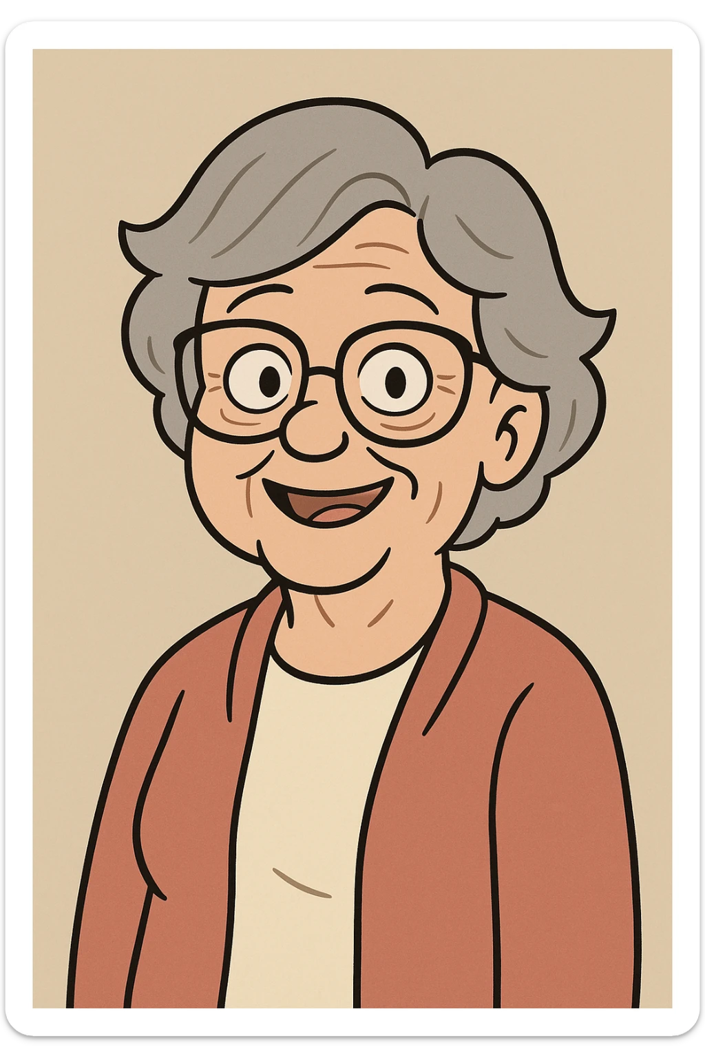 elderly woman with glasses, smiling, short gray hair, flat toon style sticker