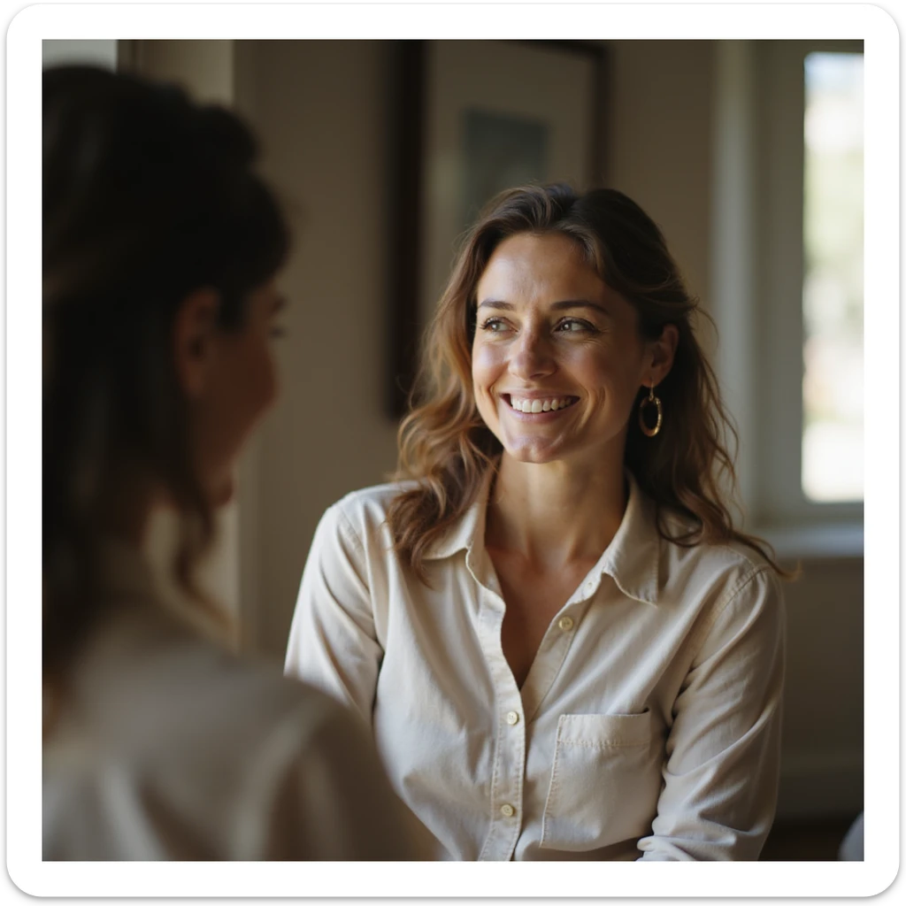 adult woman looking at herself in the mirror and smiling, theme of acceptance and wellness, realistic style, natural details, intimate environment sticker