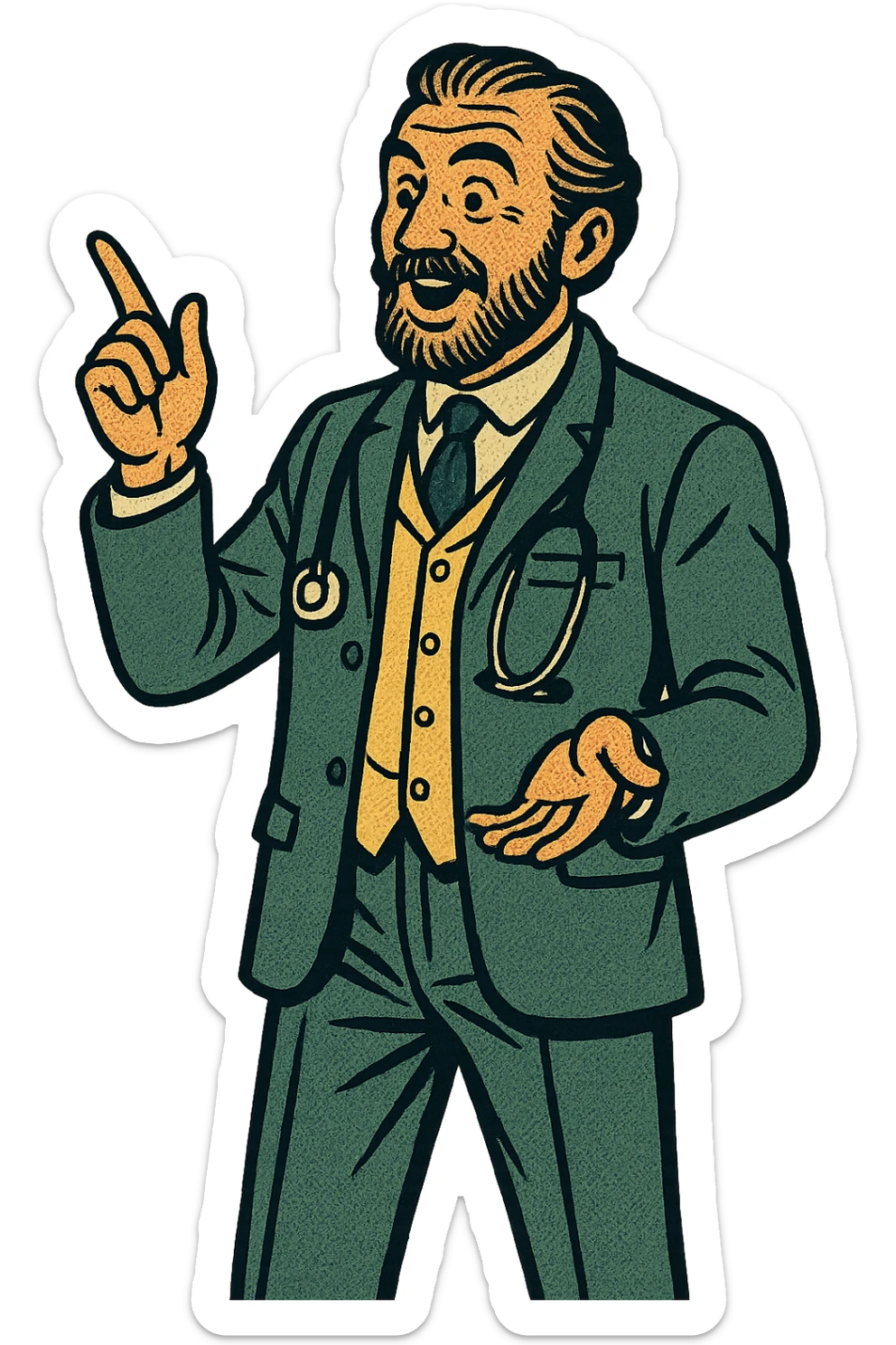 The full body of a doctor from the late 1800s presenting information sticker
