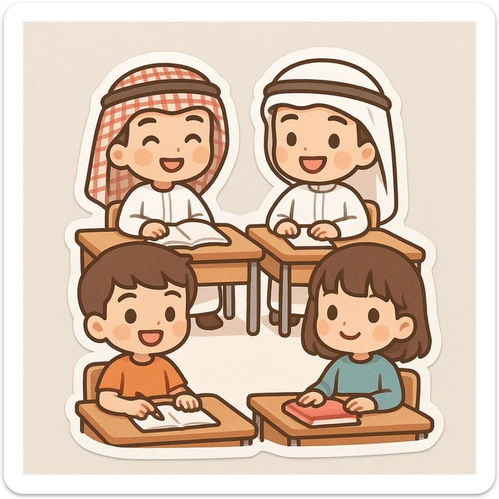 adorable group of chibi kids at their desks, some with keffiyeh and ghutra, others in modern clothes, smiling, classroom setting sticker