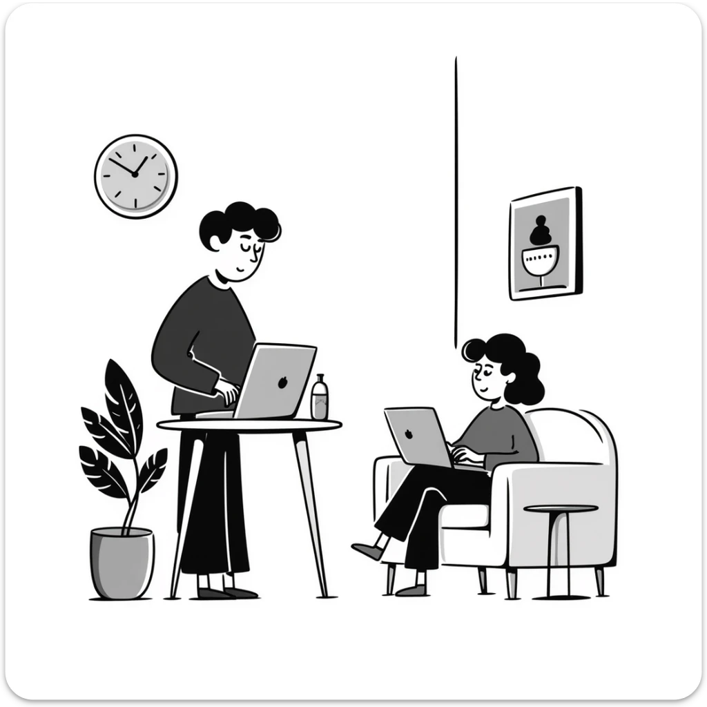 escenary 3d of a cozy mid-century living room with two people working on laptops, one man standing at a desk and one woman sitting on a couch, two walls and floor visible sticker