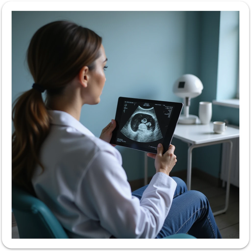 woman sitting with a doctor showing pelvic ultrasound results, serious expression, clinical environment, hyperrealistic 4K details sticker