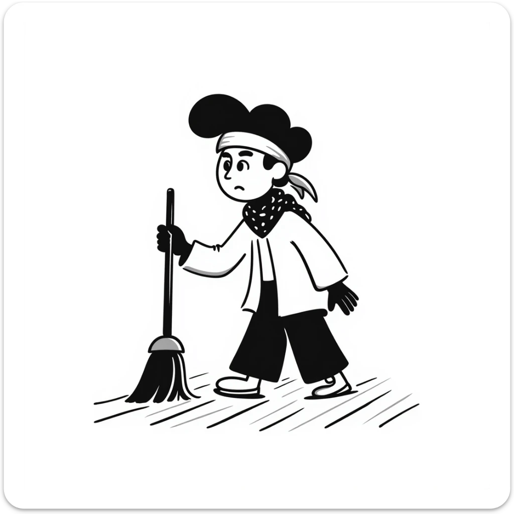 Levi Ackerman cleaning with bandana over hair, gloves, holding broom, annoyed expression sticker