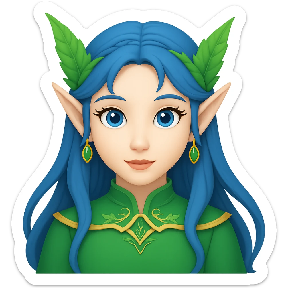 Create an Apple emoji style image of a woman with elf ears and blue hair, no background. sticker