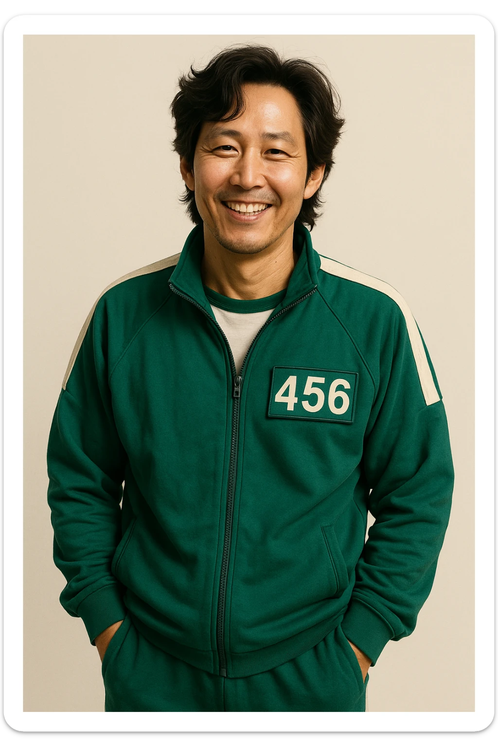 Player 456, Seong Gi-hun from Squid Game 3, in the green player team uniform, smiling, hands in pockets, minimal background sticker