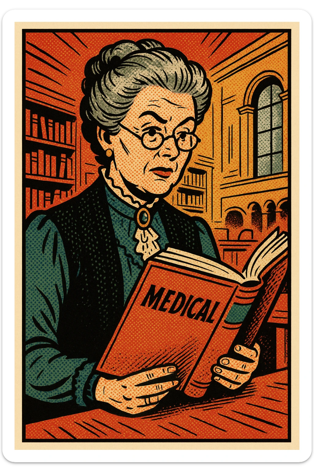 A wealthy victorian women in her 50s reading a medical text book in a university sticker
