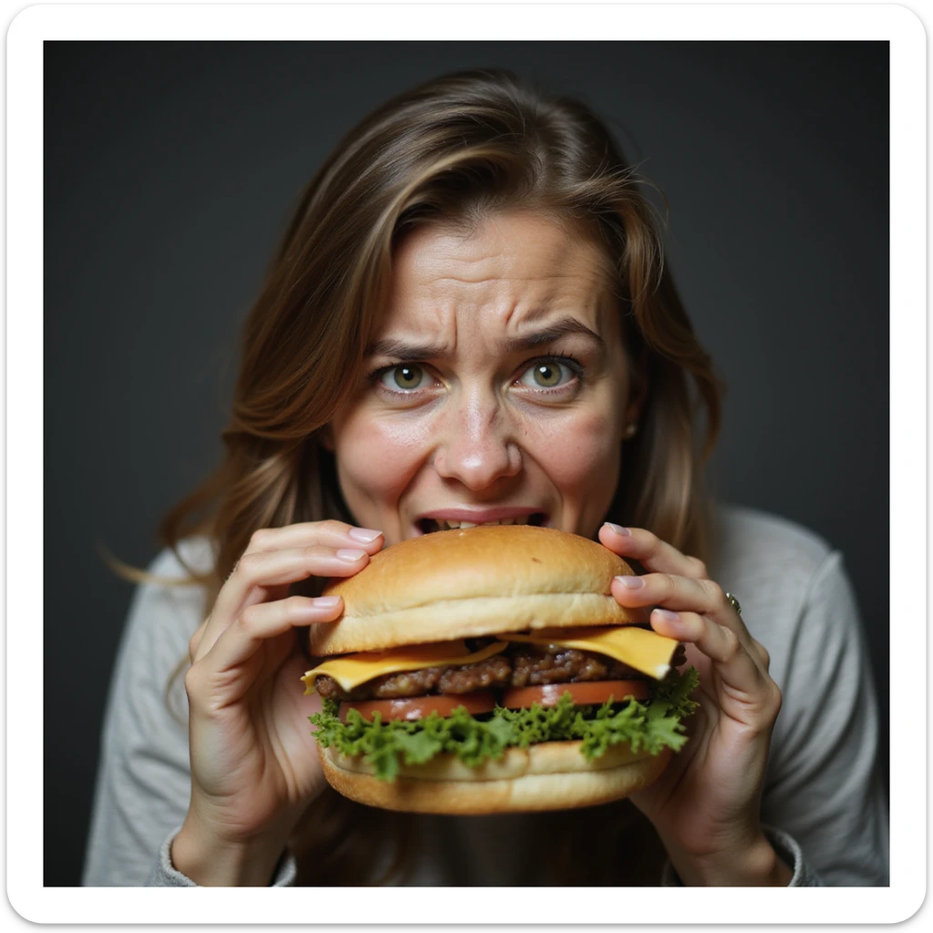 hyperrealistic image of a woman with a stressed look eating a very large sandwich quickly, uncontrollable hunger, white background, variation 4 sticker