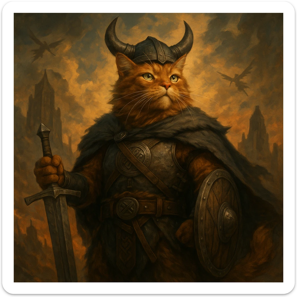 epic ginger cat Viking, Valhalla, heroic pose, Norse mythology atmosphere, fantasy style sticker
