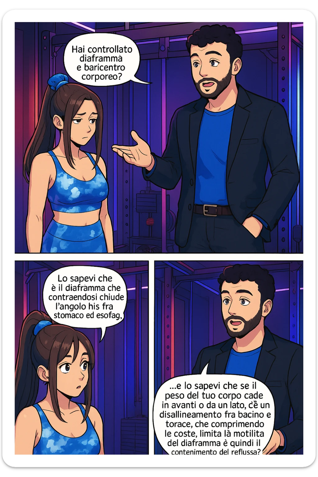 TRASFORMA QUESTO CAROSELLO IN UN FUMETTO STILE WEBTOON/MANGA A COLORI CON QUESTE DUE PERSONE IDENTICHE CHE INTERLOQUISCONO TRA LORO, L'uomo sta spiegando alla donna questo concetto:

LUI (UOMO): Hai controllato diaframma e baricentro corporeo?
LUI (UOMO): Lo sapevi che è il diaframma che contraendosi chiude l’angolo his fra stomaco ed esofago, contenendo la risalita degli acidi grassi?
LUI (UOMO): …e lo sapevi che se il peso del tuo corpo cade in avanti o da un lato, c’è un disallineamento fra bacino e torace, che comprimendo le coste, limita la motilità del diaframma e quindi il contenimento del reflusso? sticker