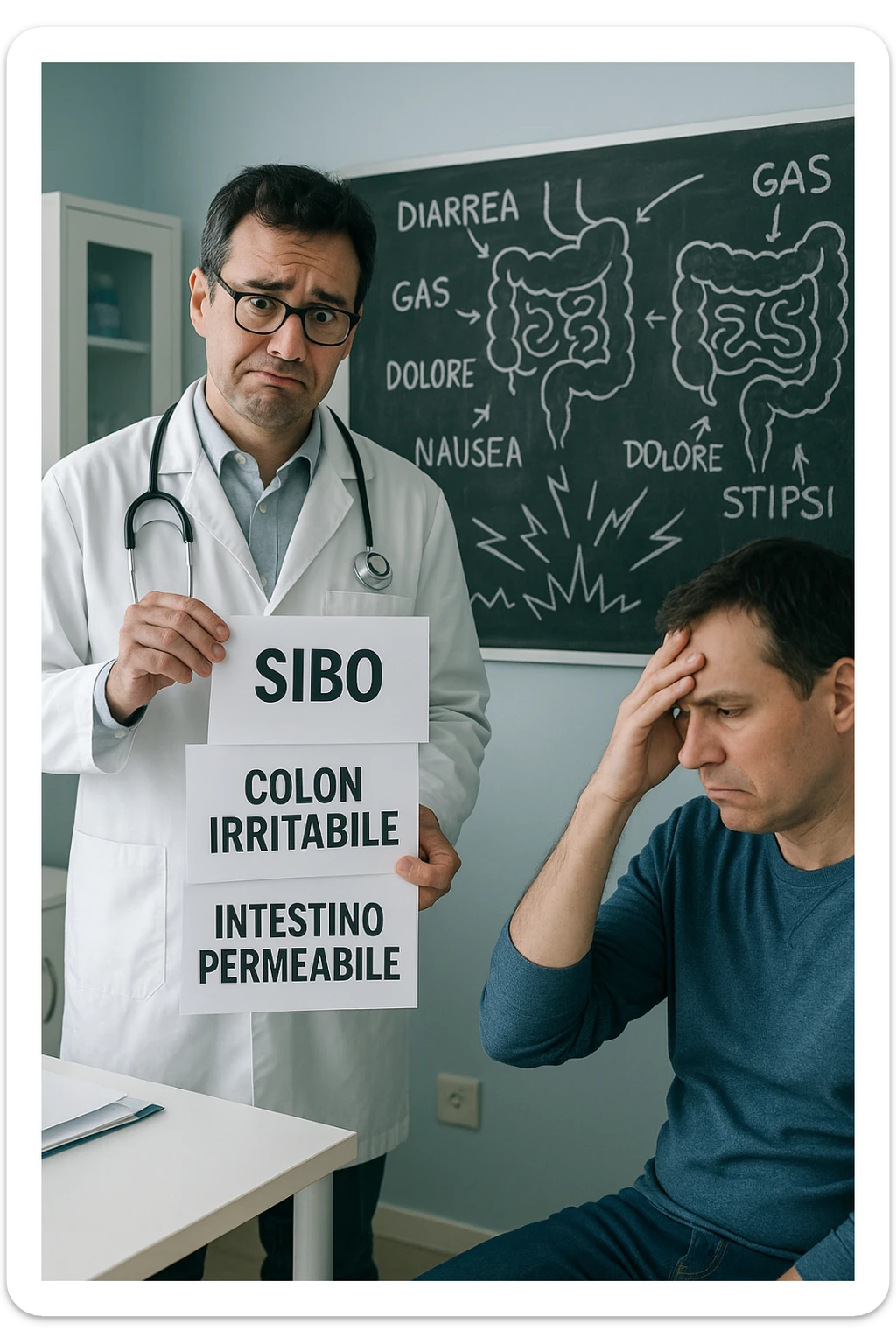 Scena clinica con un medico confuso in camice bianco davanti a un paziente seduto. Il medico ha tre fogli in mano, e li mostra uno alla volta con espressione incerta: il primo dice 'SIBO', il secondo 'Colon Irritabile', il terzo 'Intestino Permeabile'. Il paziente ha un’espressione confusa e scoraggiata, con una mano sulla fronte. Sullo sfondo una lavagna caotica con disegni di intestino e sintomi ovunque. Stile realistico con tocchi ironici, toni freddi da ambulatorio ma con un messaggio visivo forte di incertezza diagnostica. in italiano sticker