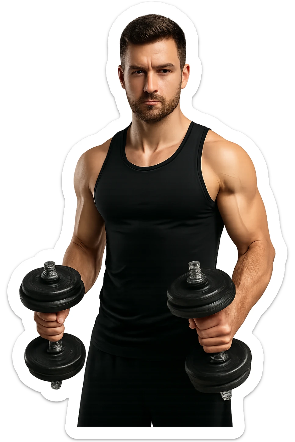 uomo fitness in forma con manubri da palestra in mano, isolata su sfondo bianco sticker