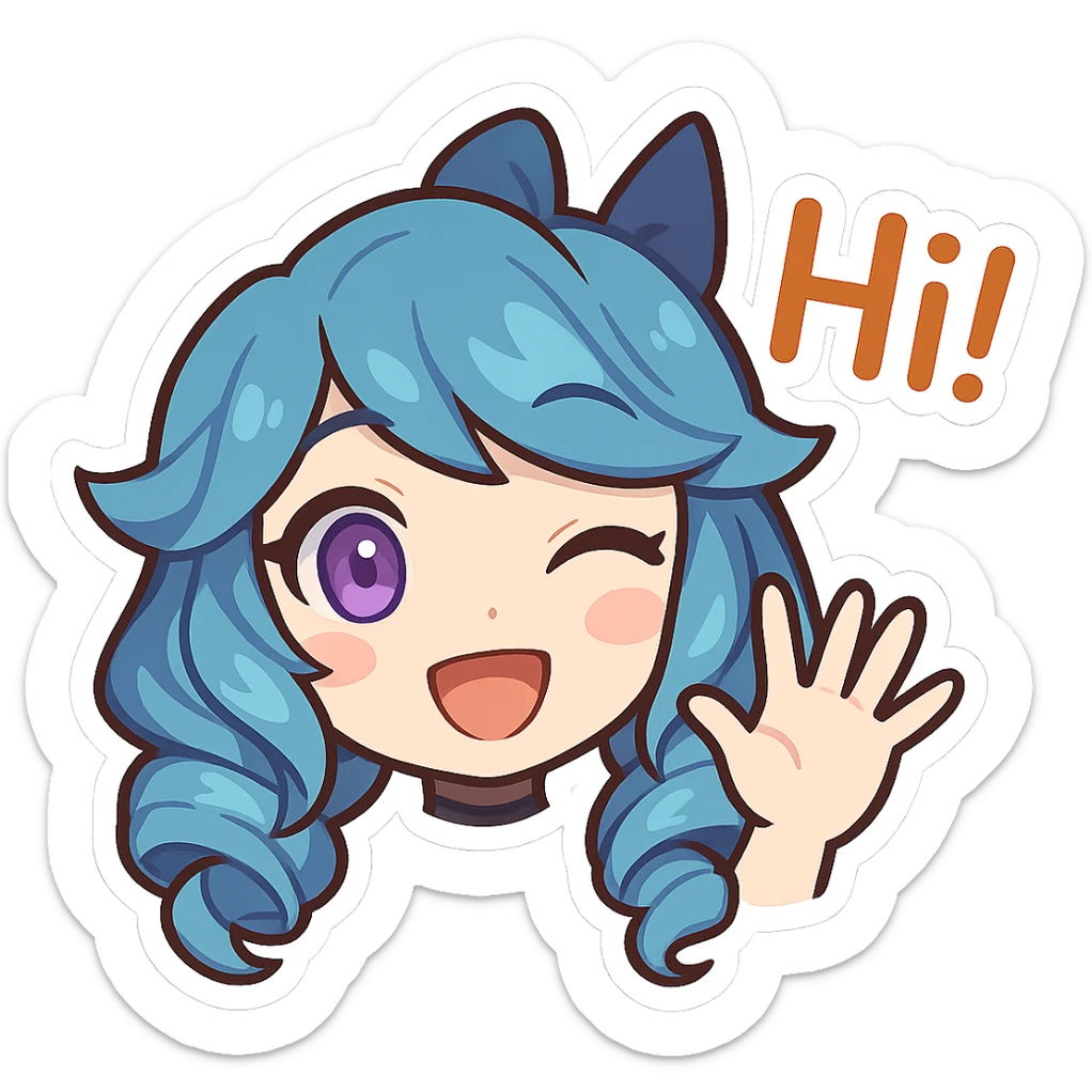 Gwen from League of Legends, chibi emote style, only head visible, right eye purple, friendly hi expression, waving hand, eyes open, cute and expressive sticker