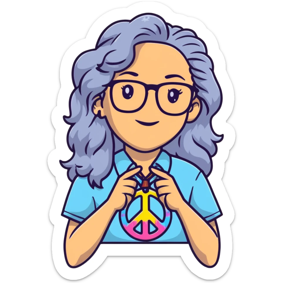 Hippie woman with long curly flowing gray hair and glasses wearing tie dye shirt and peace earrings sticker