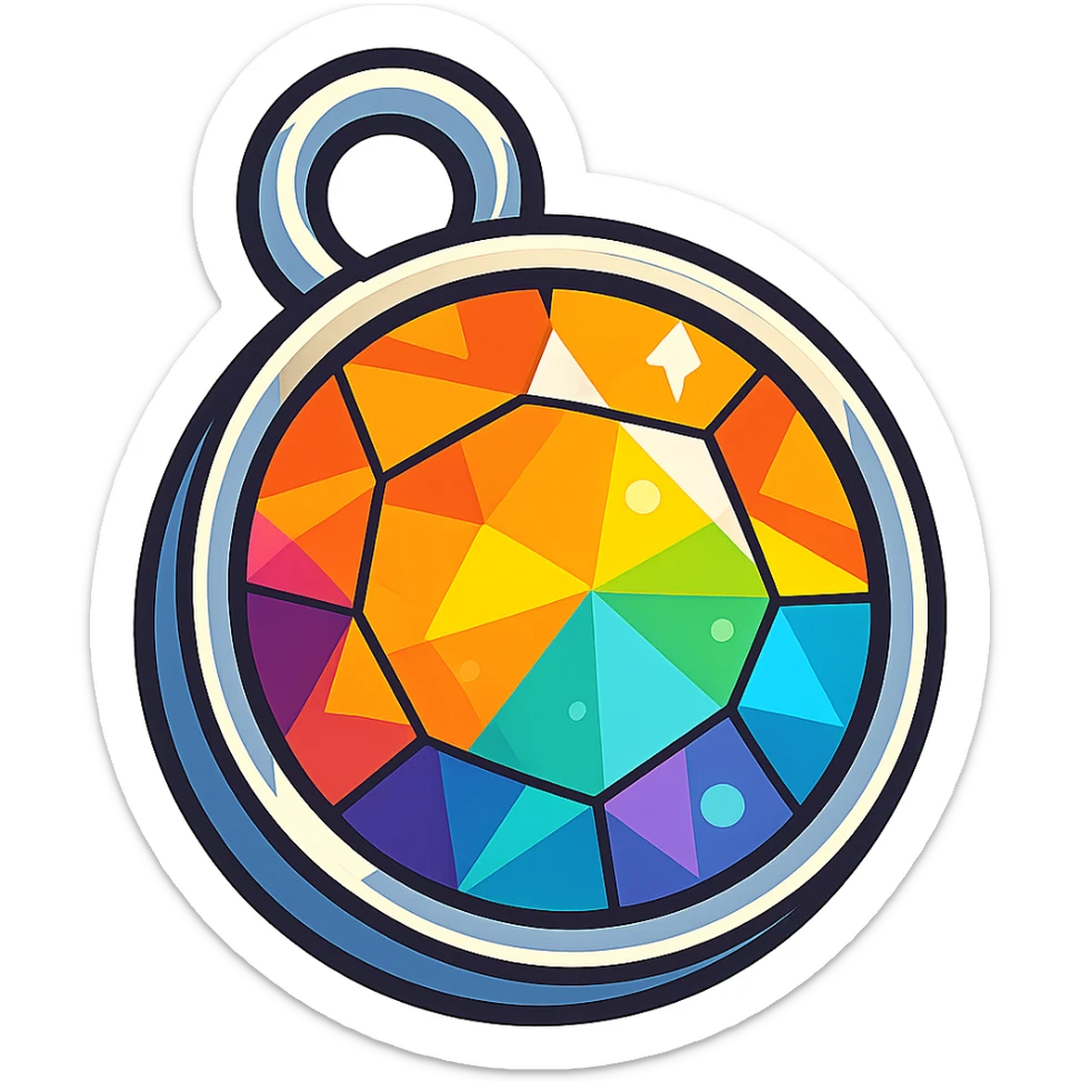 extreme close up of a round cut holographic amber charm with silver metal accent sticker