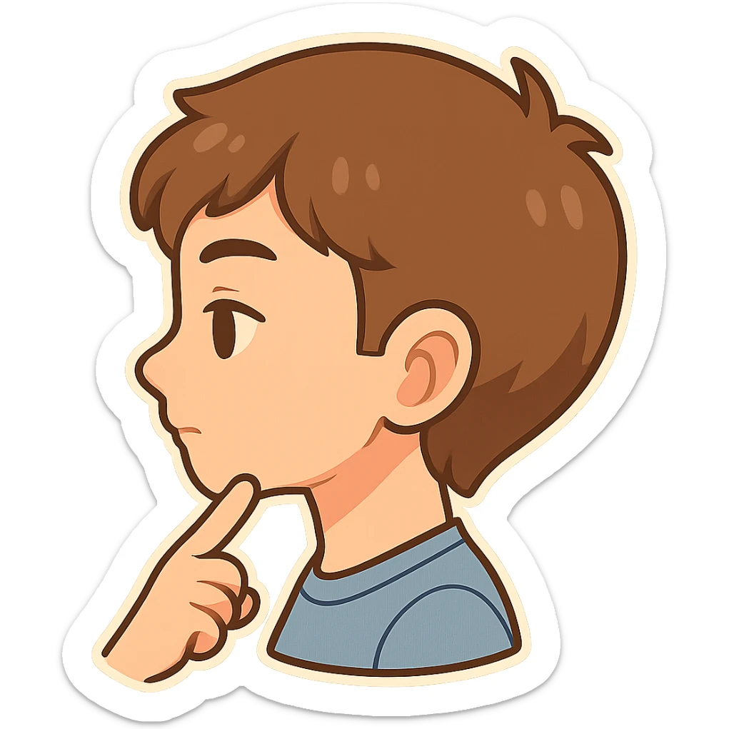 Add a finger pointing to the boy's chin, keep the chibi cartoon style, with no background. sticker