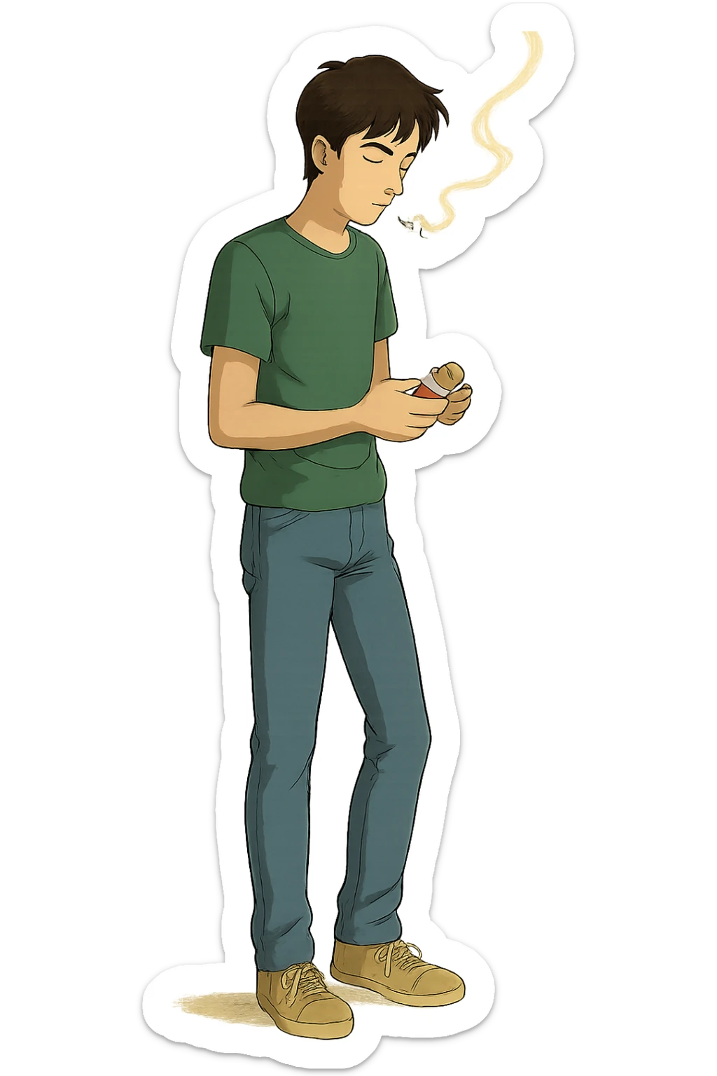 A full body of a slim young man wearing jeans and a t.shirt holding a packet of cigarettes and smoking sticker