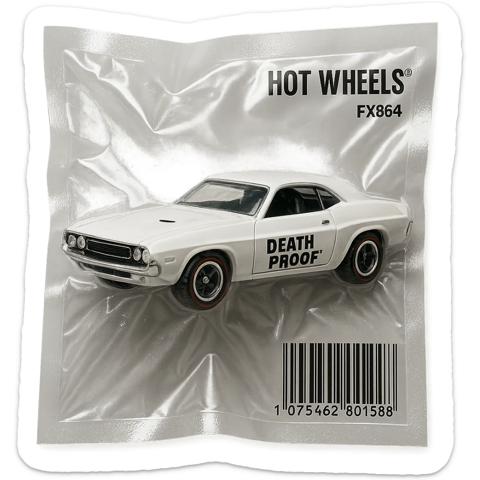 white 1971 Dodge Challenger Hot Wheels toy car, glossy, inspired by the movie 'Death Proof' sticker