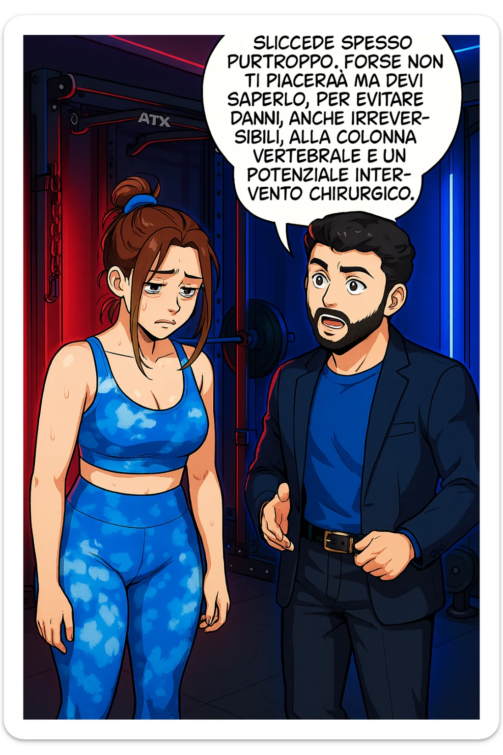 fai questa immagine in versione fumetto/manga/webtoon a colori, il manga mostra l'uomo che risponde alla donne:
Succede spesso purtroppo. 
Forse non ti piacerà ma devi saperlo, per evitare danni, anche irreversibili, alla colonna vertebrale e un potenziale intervento chirurgico. sticker