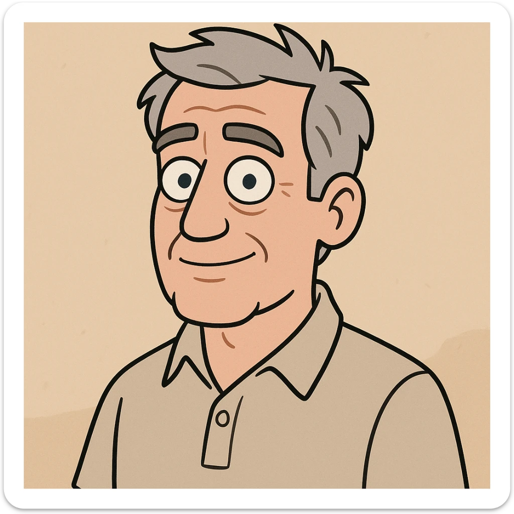 cartoon portrait of a middle-aged man with gray hair and blue eyes, wearing a collared shirt sticker