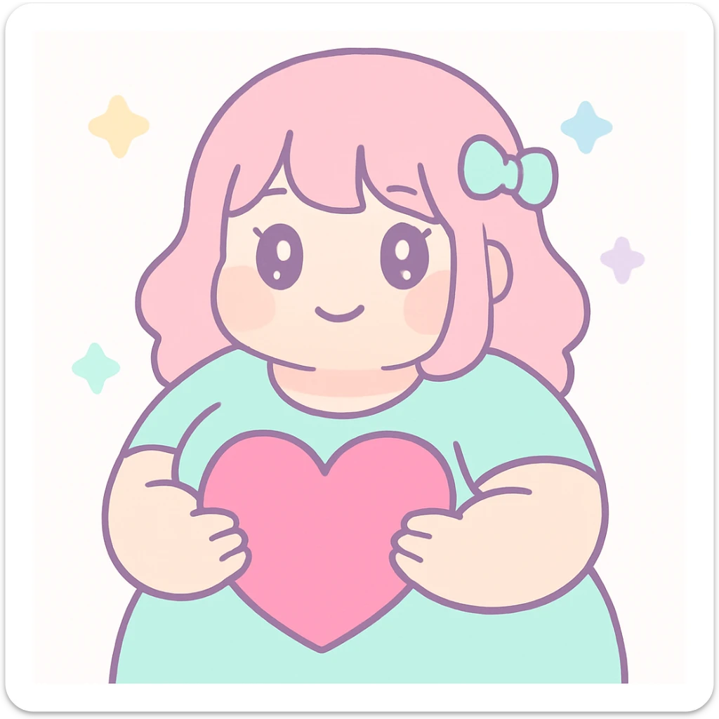 bbw anime girl holding a heart, cute, vibrant colors, anime style, heart symbol prominent sticker