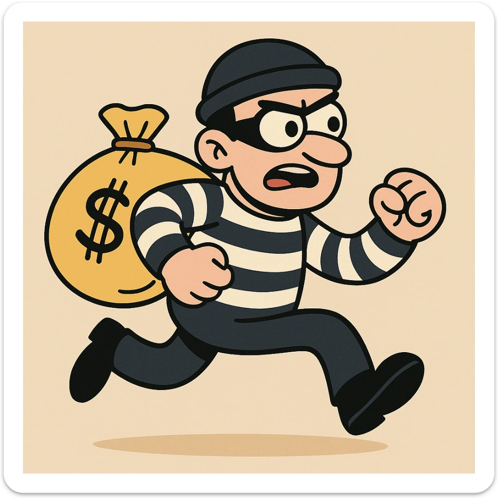black and white striped robber man carrying a yellow bag of money, cartoon style sticker