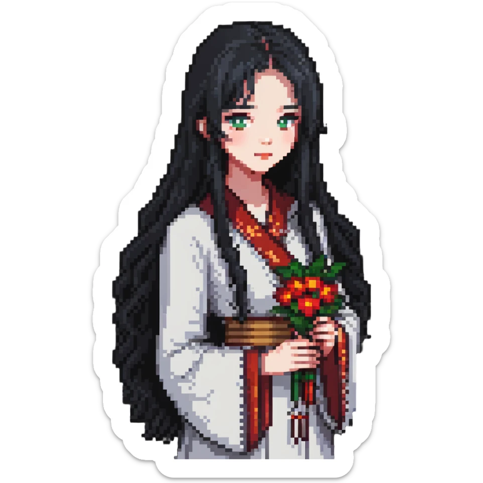 Beautiful girl with long black hair holding a jianghuangsed sticker