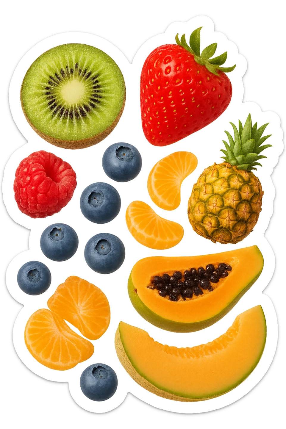 emoji stile iphone 3d di kiwi, fragole, lamponi, mirtilli, ananas, mandarini, papaya, melone cantalupo
 che fluttuano in aria, iperealistico 4k sticker