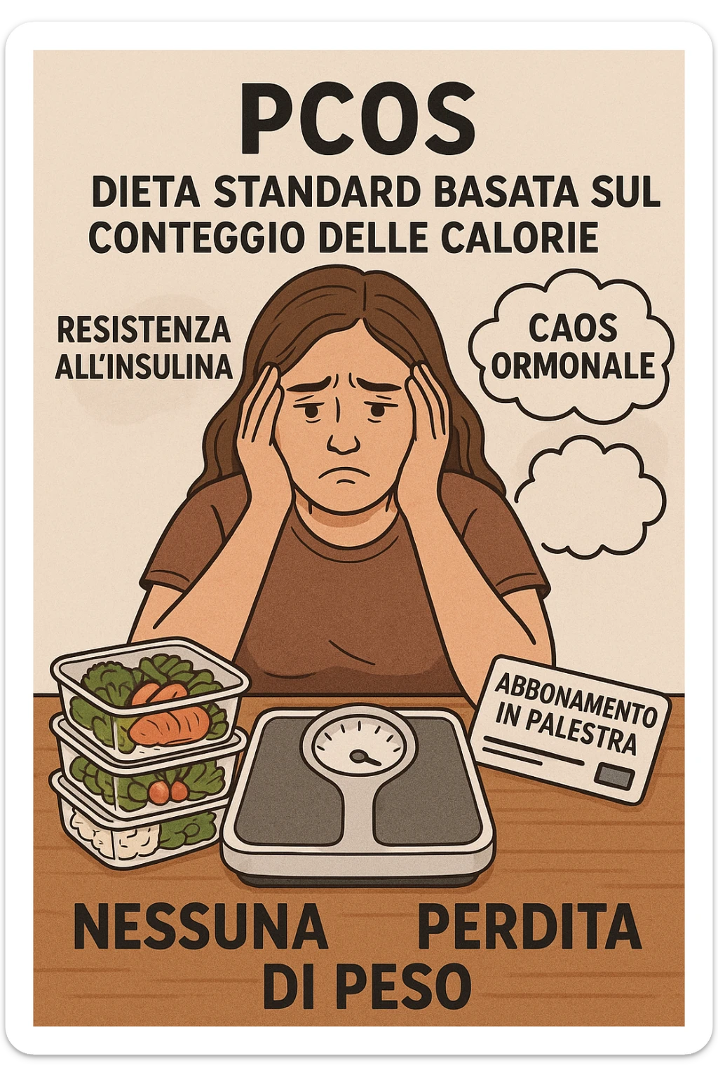 "Desperate woman with PCOS following standard calorie-counting diet, scale showing no weight loss despite strict adherence, expression of confusion and defeat, meal prep containers with healthy foods, insulin resistance making normal dieting ineffective, hormonal chaos overriding caloric deficit principles, gym membership unused due to lack of results scritte in italiano sticker