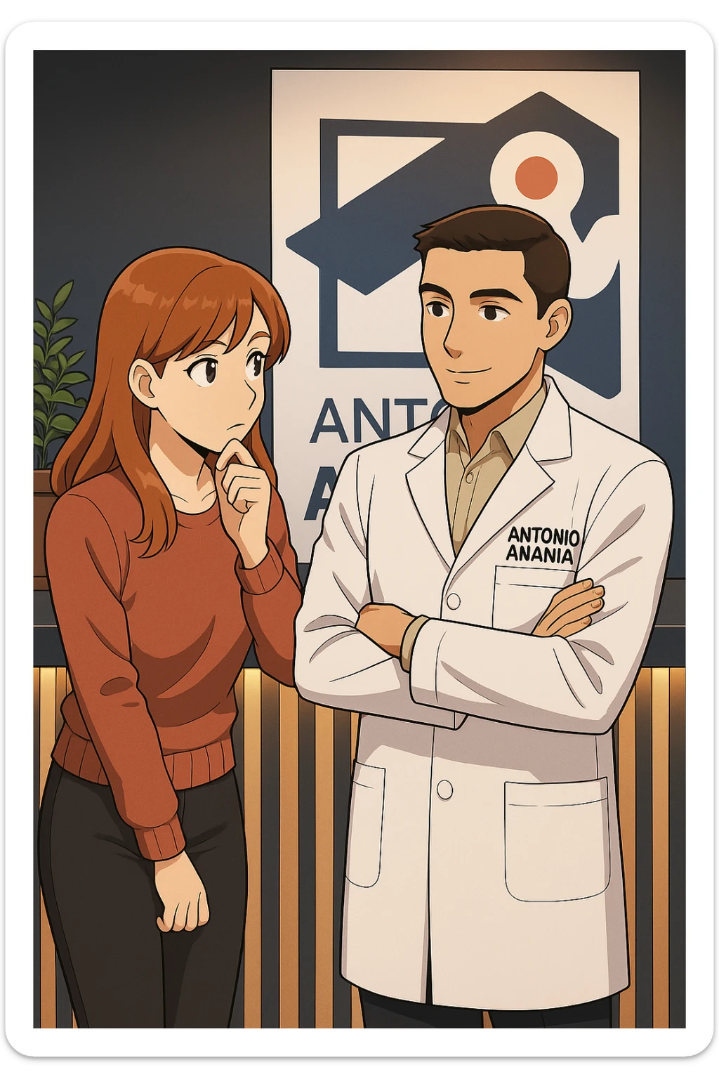 su questo stile fai un manga/webtoon a colori in cui una donna SI TOCCA IL MENTO MENTRE FA UNA DOMANDA ALL'UOMO, l'uomo della foto in stile manga LE SPIEGA CHE DEVE PROVARE LA SUA VALUTAZIONE MEDICA, mantieni un ambiente simile alla foto che ho allegato con il suo logo (sarebbe il suo studio, lui è un kinesiologo), scrivigli "ANTONIO ANANIA" sul camice bianco, non mettere fumetti, ma fai in modo che sembri che la donna CHIEDA E  l'uomo RISPONDA sticker