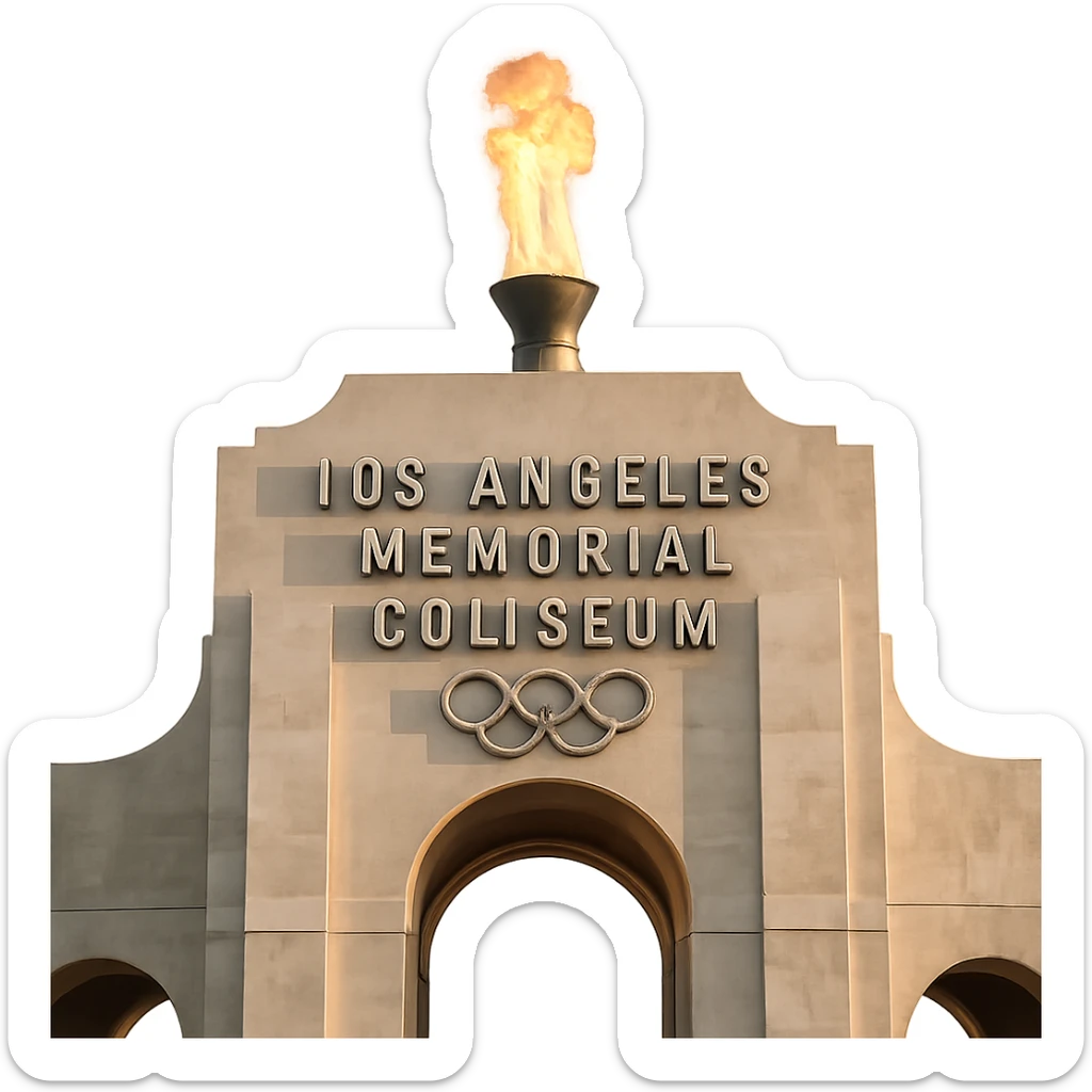 Add a realistic, bright flame coming out of the top of the Olympic Torch at the center of the Los Angeles Memorial Coliseum. Keep the realistic white stone, majestic ornate architecture, lifelike detail, and regal lighting. The fire should be contained to the top of the torch, not surrounding it. Transparent background. sticker