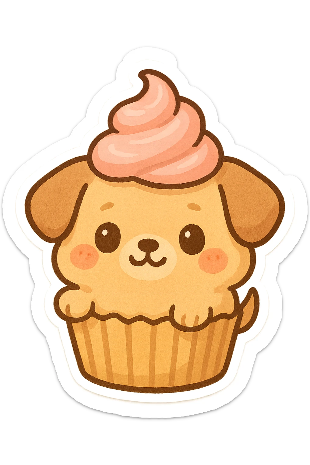 dog-shaped cupcake with pink frosting, adorable and cartoonish style sticker