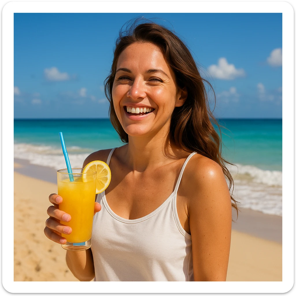 take this picture of a woman and make it  beach photo with drink sticker