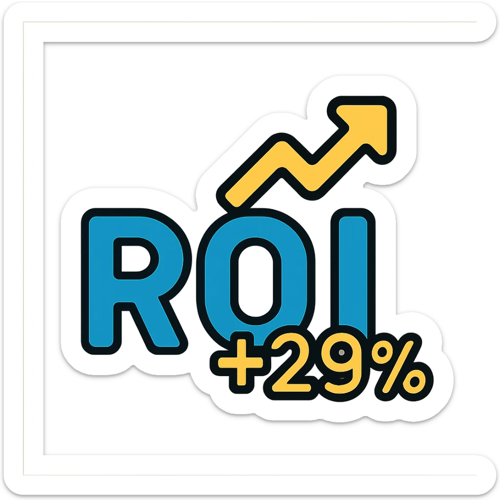 text 'ROI +29%' in bold font, deep cyan blue color, lineal color icon style with black outlines sticker