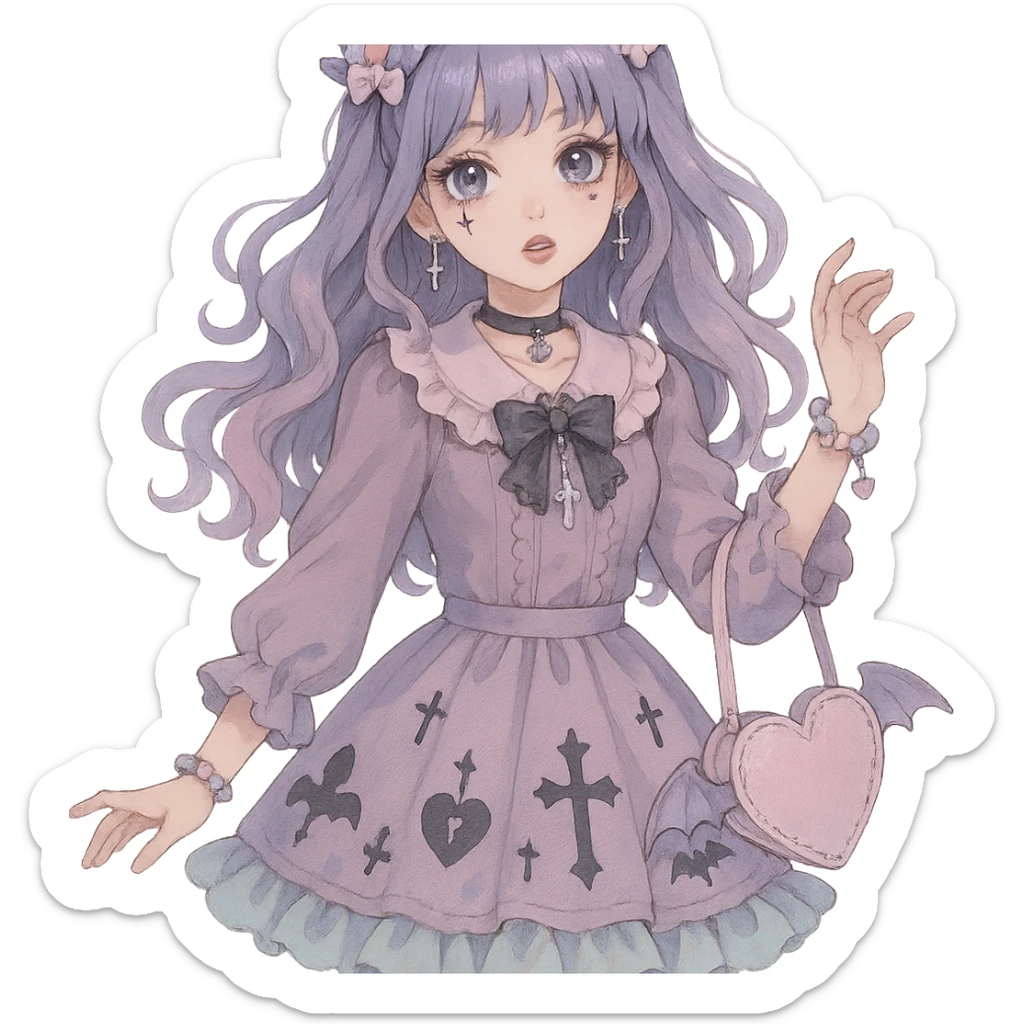 gothic K-pop girl, dreamy pastel goth style, soft colors with gothic details, whimsical pose, cute accessories sticker