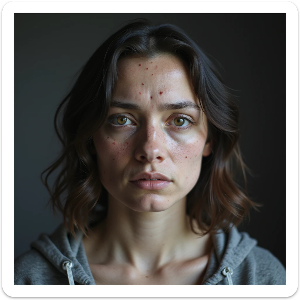 hyperrealistic 4K image of a woman with PCOS showing a very wide central part in her hair, visible scalp areas, face with acne and fine hair, sad expression, detailed sticker