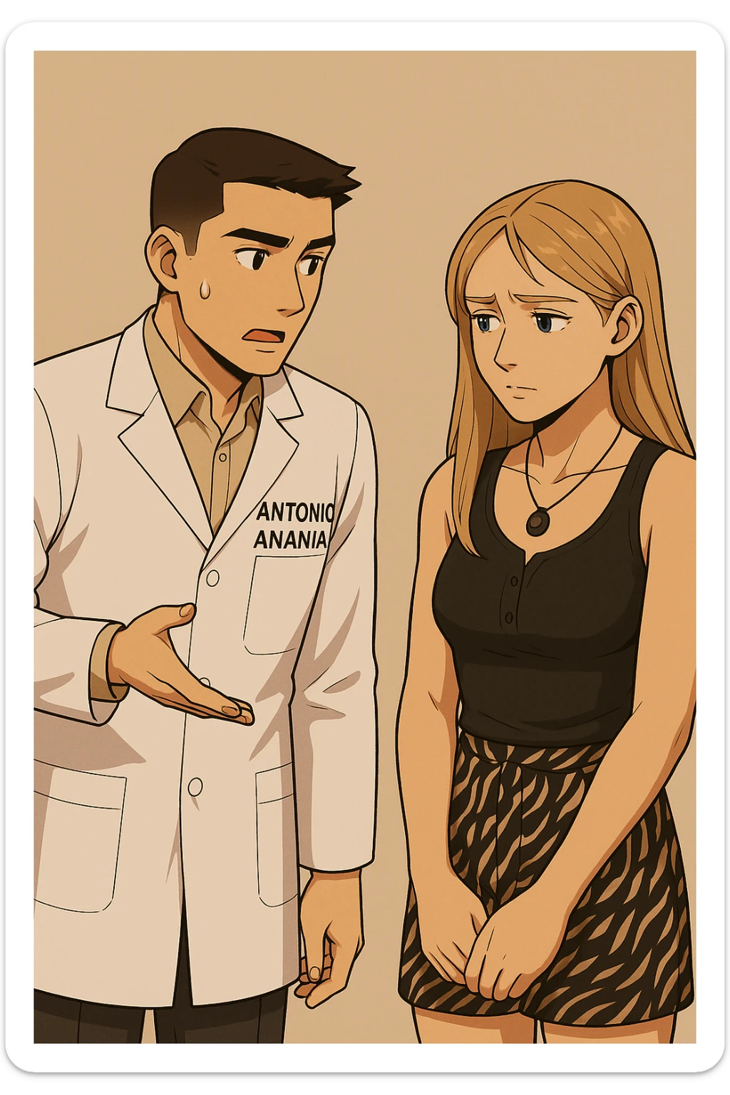 fai un webtoon/manga a colori con questo kinesiologo in camice bianco (fagli la scritta "ANTONIO ANANIA" SUL CAMICE) CHE PARLA CON QUESTA RAGAZZA CON GLI OCCHI AZZURRI. la ragazza gli fa una domanda preoccupata e IL KINESIOLOGO CON IL CAMICE BIANCO LE risponde. NON FARE I FUMETTI, FAI SOLO LORO COME SE DIALOGASSERO sticker