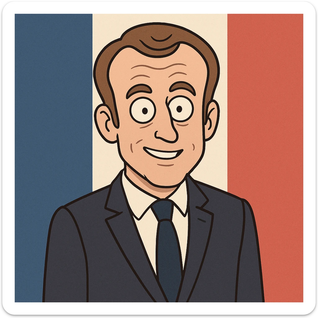 cartoon version of Emmanuel Macron with a French flag background sticker