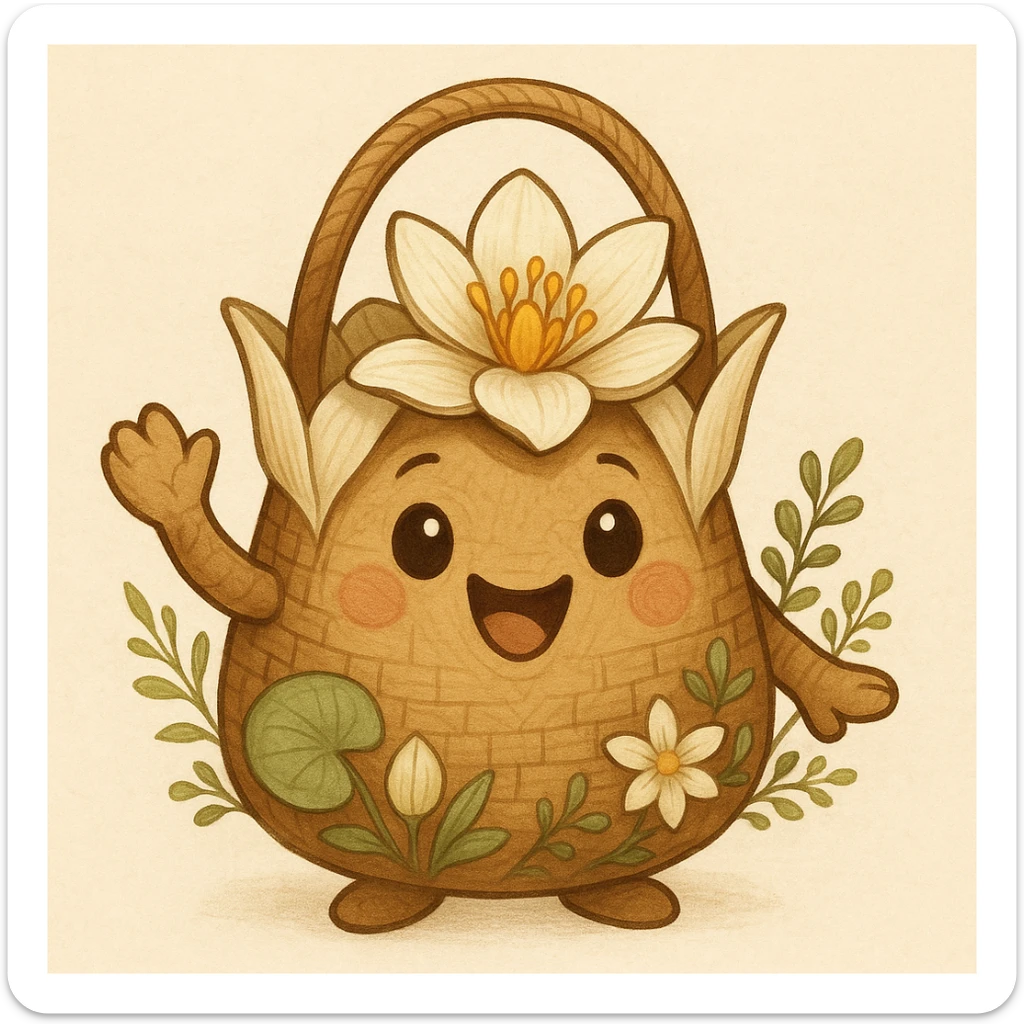 mascota para proyecto productivo que es un bolso artesanal con forma de lirio de agua, colores naturales y detalles florales, expresión alegre y acogedora, estilo detallado y amigable sticker