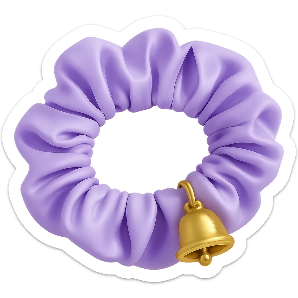 Change the gold star charm to a small Christmas bell charm on the pastel purple silky scrunchie, keep the 3D emoji style and shimmer effect. sticker