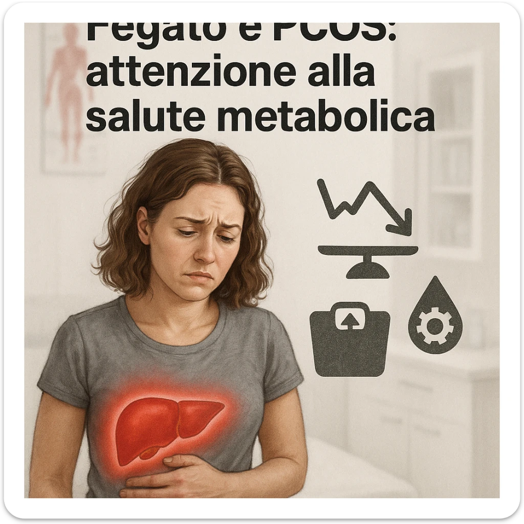 realistic illustration of a woman with PCOS, liver area highlighted with red halo and metabolic difficulty symbols, worried expression, clinical background, Italian text: 'Fegato e PCOS: attenzione alla salute metabolica', 4K quality sticker
